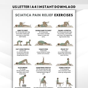 May include: A white printable with the title "Sciatica Pain Relief Exercises" and illustrations of various stretches. The exercises include Knee to Chest, Double Knee to Chest, Figure-4 Stretch, Cat-Cow Stretch, Child's Pose, and Pelvic Tilt.