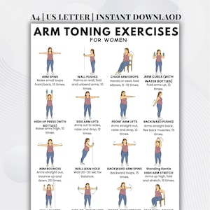 Op de afbeelding: Een afdrukbare armtoningsoefeningenkaart voor vrouwen, met ge&iuml;llustreerde instructies. De kaart bevat oefeningen zoals armspins, muurduwen, stoelarmdips en armcurls met waterflessen. De tekst luidt "A4 | US LETTER | INSTANT DOWNLOAD".