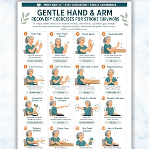 May include: A digital exercise guide titled Gentle Hand & Arm Recovery Exercises for Stroke Survivors, featuring 16 numbered illustrations of a person performing seated movements. The chart includes text instructions for each exercise and a safety reminder.