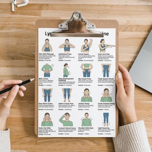 May include: A clipboard with a printed guide illustrating various massage techniques. The guide features diagrams and instructions for exercises like Side-Neck Massage, Collarbone Press, and Armpit Sweep. The clipboard is held by a person.