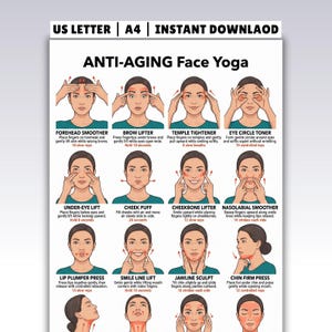 ANTI-AGING Face Yoga Printable, Face Yoga Exercises Chart, Natural Facelift Routine, Facial Exercises for Women, Glowing Skin Guide PDF