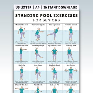 Può includere: Un poster bianco con il testo "STANDING POOL EXERCISES FOR SENIORS" e illustrazioni di vari esercizi. Gli esercizi includono "Marcia sul posto", "Squat sulla sedia acquatica" e "Sollevamenti posteriori delle gambe". Il poster è progettato per il download immediato.