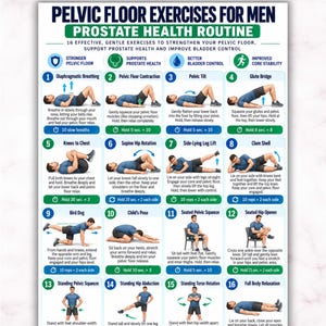 May include: A digital chart titled Pelvic Floor Exercises for Men Prostate Health Routine, featuring 16 numbered illustrations of exercises with instructions, icons for health benefits, and text indicating A4 and US Letter size availability.