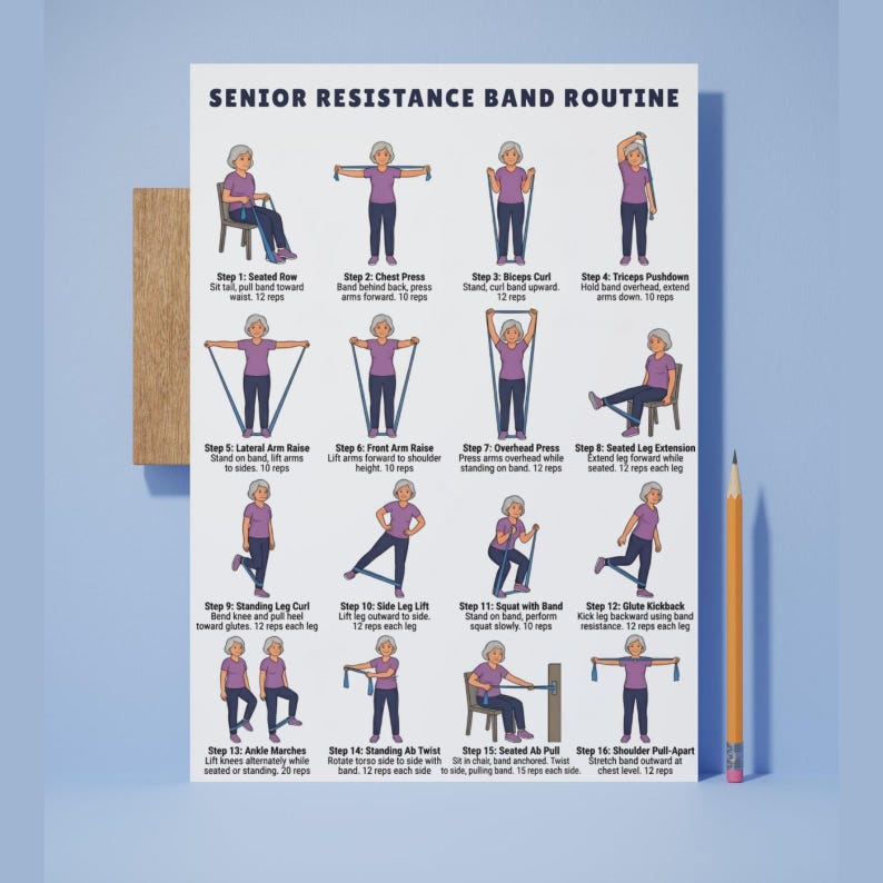 Tabla de ejercicios con bandas de resistencia para personas mayores, rutina de ejercicios para personas mayores imprimible, ejercicios con bandas de resistencia para personas mayores, póster de fitness, PDF imagen 8