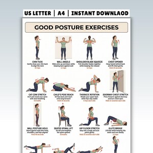 May include: A digital poster titled GOOD POSTURE EXERCISES featuring illustrations of a person in a green shirt and dark leggings performing various stretches. Text includes US LETTER | A4 | INSTANT DOWNLAOD and instructions for movements like chin tucks, wall angels, and glute bridges.