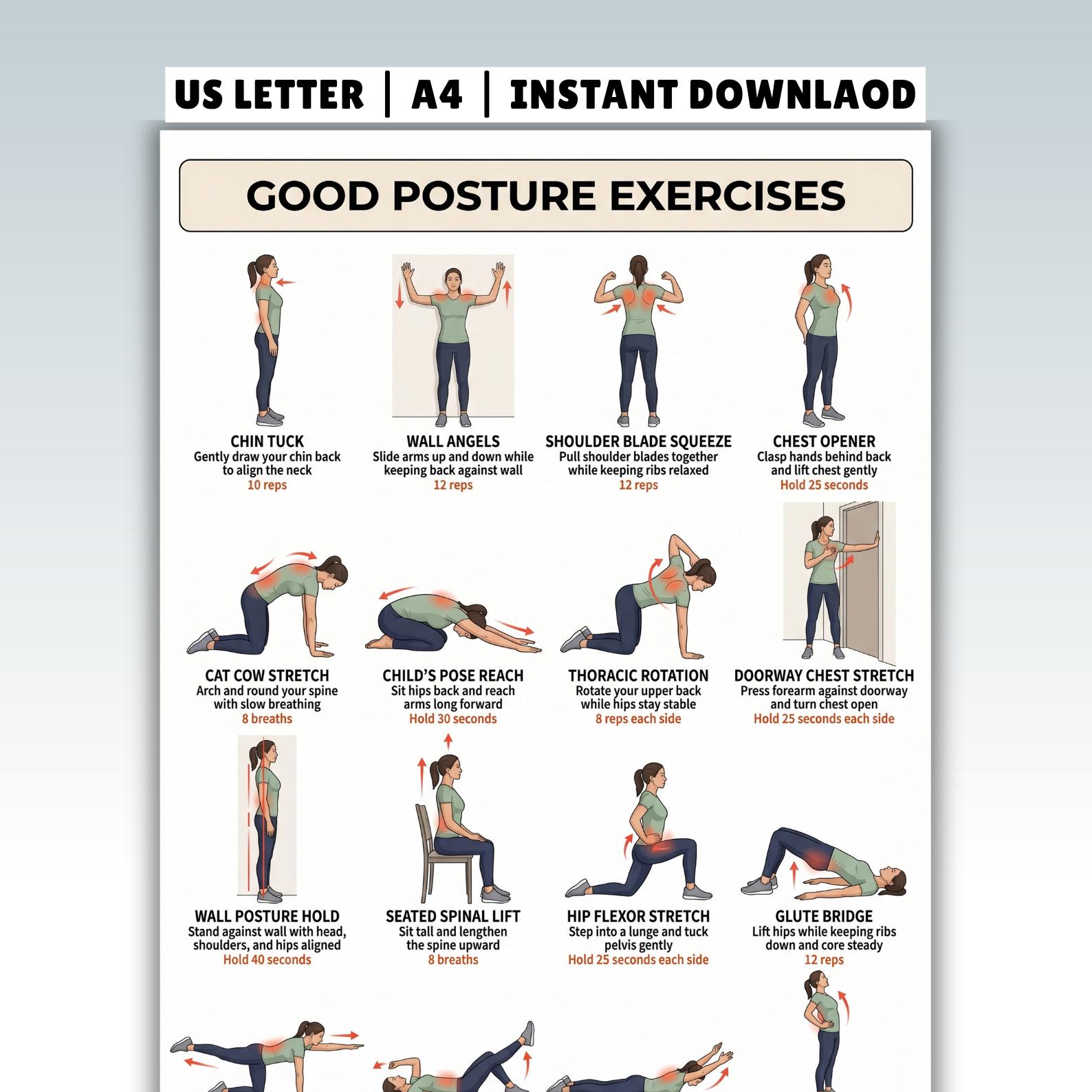 Good Posture Exercises Printable PDF | Back & Neck Workout Chart | Home ...