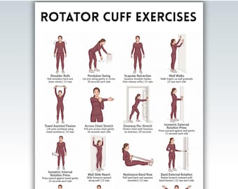 Puede incluir: Un póster blanco con el texto "ROTATOR CUFF EXERCISES" e ilustraciones de varios ejercicios. Los ejercicios incluyen rotaciones de hombros, balanceos y caminatas de pared. El póster está diseñado para fitness y fisioterapia.