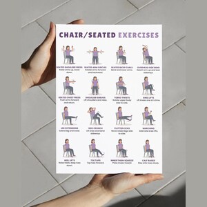Pu&ograve; includere: Un poster con il titolo "CHAIR/SEATED EXERCISES" e illustrazioni di vari esercizi. Gli esercizi includono distensione delle spalle da seduti, cerchi con le braccia, bicipiti e piegamenti laterali. Il poster &egrave; tenuto da una persona. Misure non applicabili.