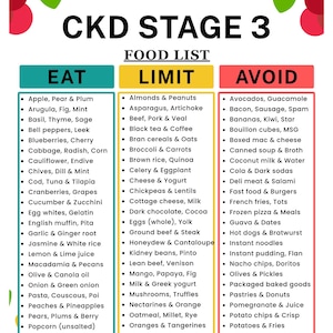 Op de afbeelding: Een kleurrijke voedingslijst voor CKD Stadium 3, met categorieën: Eten, Beperken en Vermijden. De lijst bevat fruit, groenten en andere voedingsmiddelen. Het document is gelabeld met "A4 | US LETTER | INSTANT DOWNLOAD".
