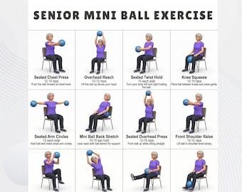 Puede incluir: Una guía de ejercicios imprimible para personas mayores, que presenta una serie de ejercicios con una mini pelota de ejercicios. La guía incluye ilustraciones e instrucciones para cada ejercicio, como press de pecho sentado, alcance por encima de la cabeza y squeeze de rodillas. El texto incluye "SENIOR MINI BALL EXERCISE".