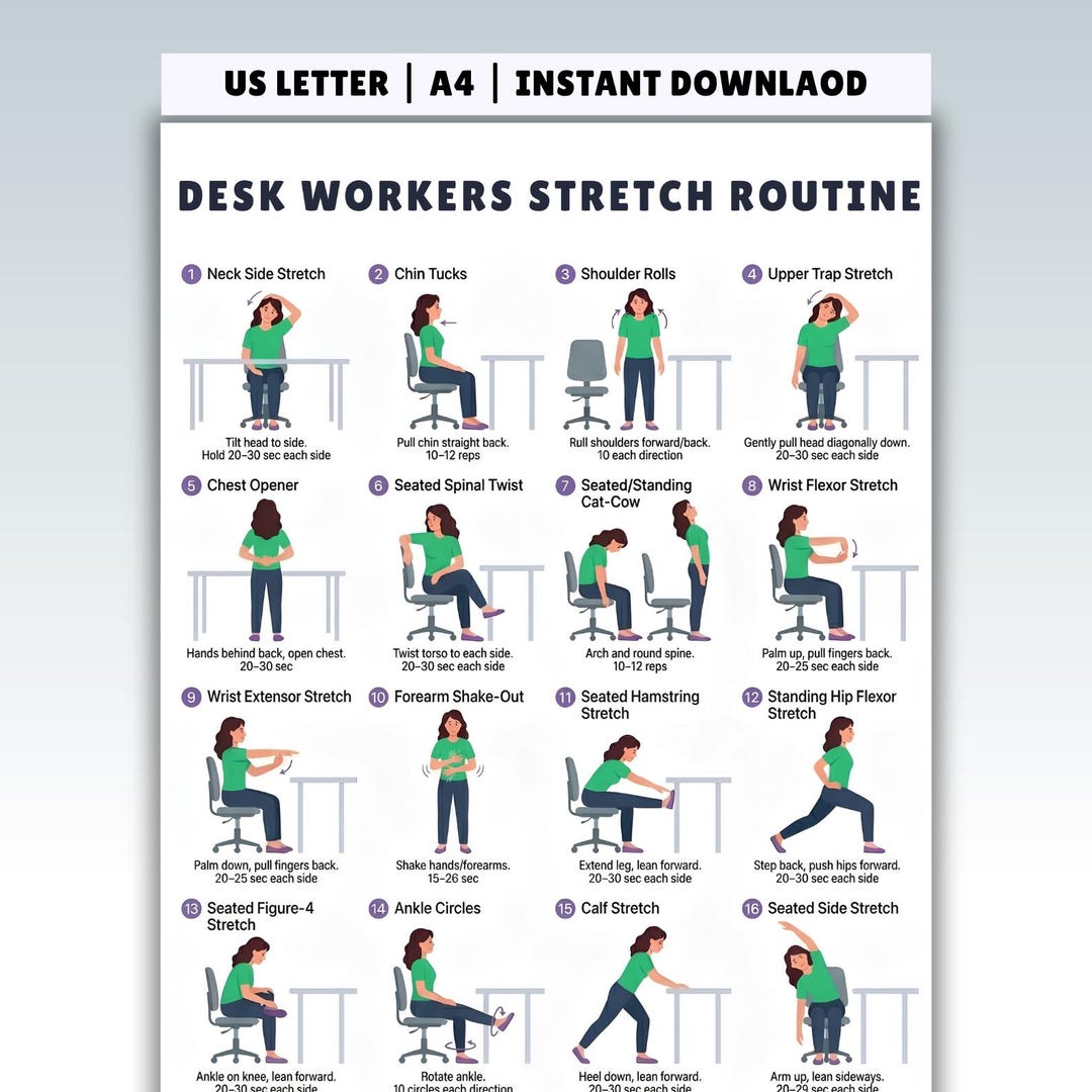 Morning Desk Routine Desk Stretch Routine Printable, Workplace Stretching Guide, Desk ...