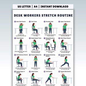 Peut inclure: Infographie blanche, format A4, intitulée "Desk Workers Stretch Routine", présentant 16 exercices illustrés. Chaque exercice montre une personne en chemise verte démontrant des étirements pour le cou, les épaules, le dos et les jambes.