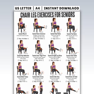 Può includere: Un poster didattico bianco intitolato CHAIR LEG EXERCISES FOR SENIORS con illustrazioni di una persona in top viola e leggings neri che esegue vari esercizi per le gambe seduta su una sedia con istruzioni testuali e conteggio delle ripetizioni.