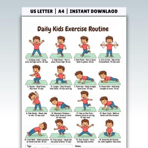 Kids Gymnastik Diagramm zum Ausdrucken – 16 tägliche Workout Moves Poster | Kinder Fitness Routine | Klassenzimmer, PE & Homeschool Dekor PDF A4 US Letter