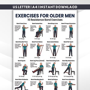 May include: A printable exercise guide titled "EXERCISES FOR OLDER MEN" with 16 resistance band exercises. The guide includes illustrations and instructions for each exercise, such as Band Chest Press and Band Bicep Curls. The text "US LETTER A4 INSTANT DOWNLOAD" is at the top.
