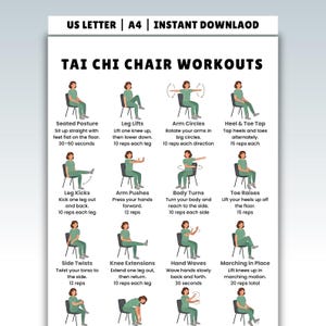 Printable Tai Chi Chair Workouts | Tai Chi Chair Exercise Chart & Workout Plan PDF | Chair Yoga Style Exercises | Instant Digital Download