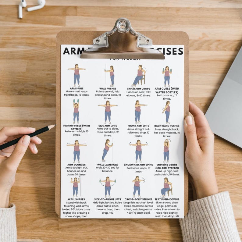 Op de afbeelding: Een klembord met een afgedrukte oefenkaart voor armoefeningen. De kaart bevat diagrammen en instructies voor verschillende armtrainingen, zoals armspins, muurduwen en armcurls. De kaart wordt door een persoon vastgehouden.