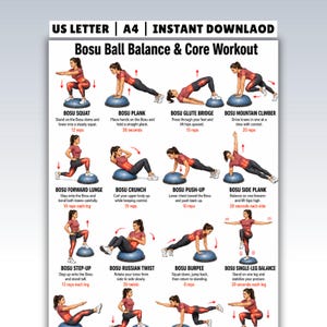 May include: A Bosu Ball Balance & Core Workout instructional poster featuring twelve illustrations of a person performing exercises on a blue Bosu ball. The text includes exercise names, instructions, and repetition counts in English.