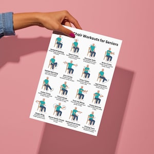 May include: A white poster titled "Chair Workouts for Seniors" held by a hand. The poster features illustrated exercises, including Seated Breathing, Neck Circles, and Shoulder Rolls. The background is a solid pink.