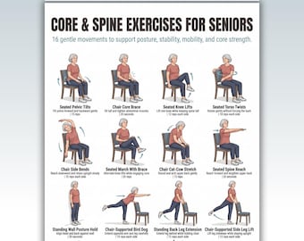 Puede incluir: Una guía imprimible titulada "CORE & SPINE EXERCISES FOR SENIORS" con 16 ejercicios ilustrados. Los ejercicios están diseñados para apoyar la postura, la estabilidad, la movilidad y la fuerza del core. La guía está disponible en tamaños US Letter y A4.