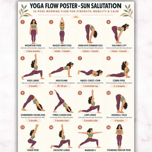 Puede incluir: Un póster de yoga titulado Sun Salutation que presenta 16 ilustraciones numeradas de una persona realizando varias posturas. El póster incluye instrucciones de texto para cada movimiento, como Mountain Pose, High Lunge y Warrior II.