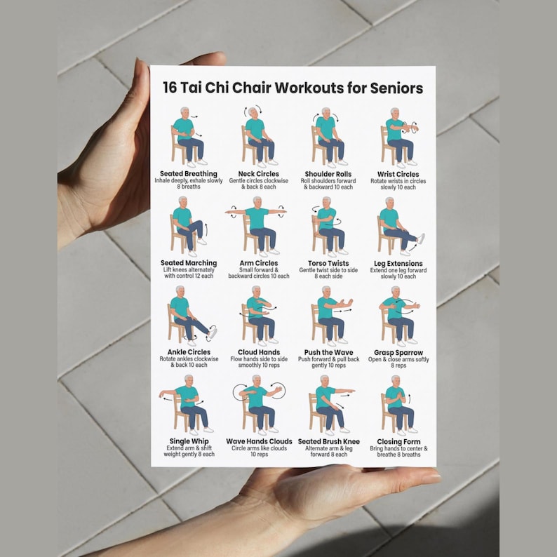 May include: A white poster titled "16 Tai Chi Chair Workouts for Seniors" held by a person. The poster features illustrations of exercises, including Seated Breathing, Neck Circles, and Shoulder Rolls. The exercises are designed for seniors.