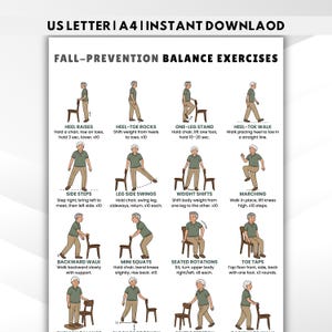 Puede incluir: Una hoja blanca impresa titulada "FALL-PREVENTION BALANCE EXERCISES" con ilustraciones de ejercicios. Los ejercicios incluyen elevaciones de talones, balanceos talón-dedo, posición de una pierna, caminar talón-dedo, pasos laterales, balanceos laterales de piernas, cambios de peso, marcha, caminar hacia atrás, mini sentadillas, rotaciones sentado y toques de dedos.