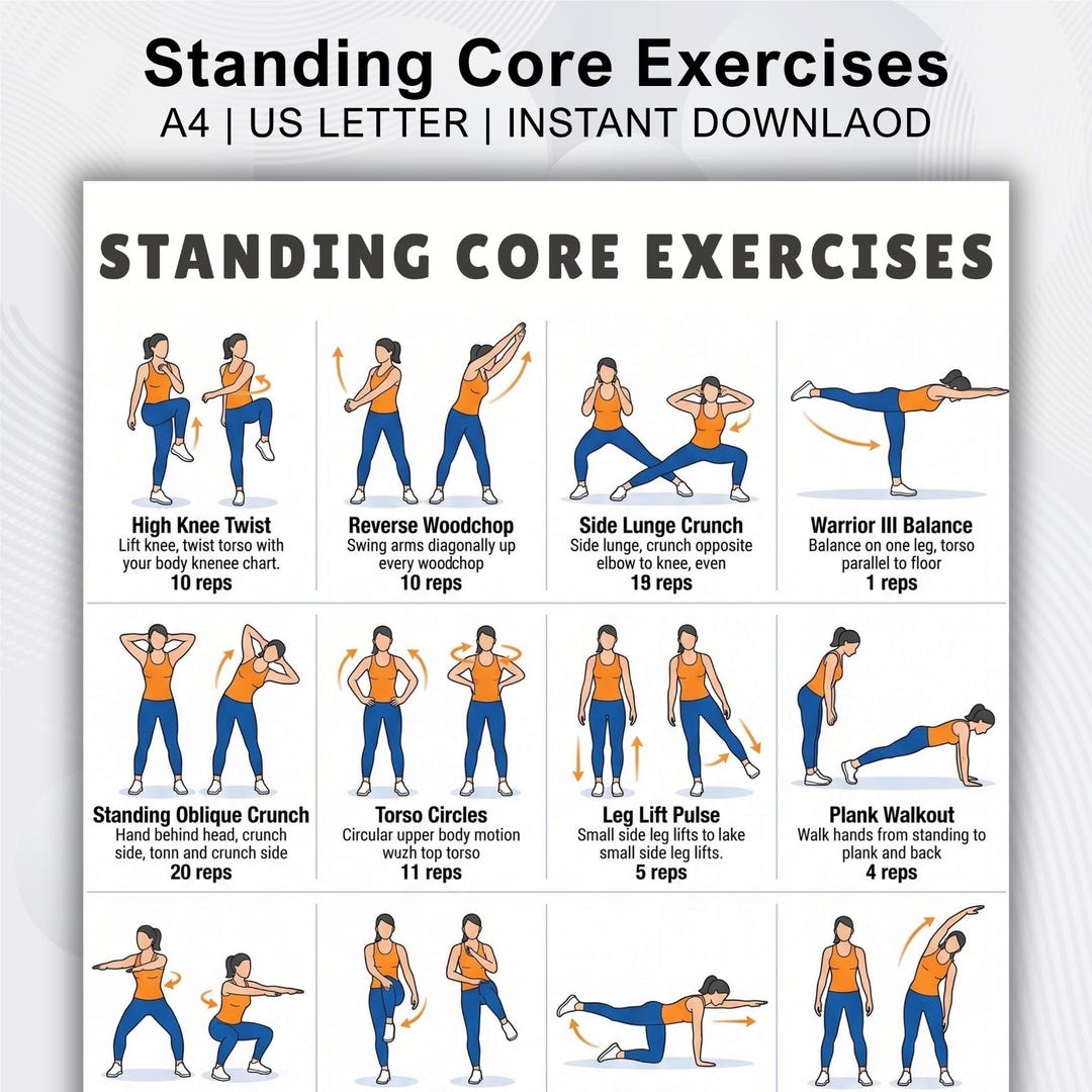 Standing Core Exercises Chart | Gentle Standing Ab and Oblique Workout ...