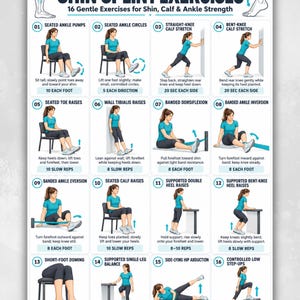 May include: A digital instructional poster titled Shin Splint Exercises featuring 16 numbered illustrations of a person in a teal shirt and black leggings performing movements for shin, calf, and ankle strength with text instructions.