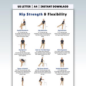 May include: A white printable exercise chart titled "Hip Strength & Flexibility" with illustrations of various exercises, including hip abduction, extension, and rotation. The chart is designed for instant download.