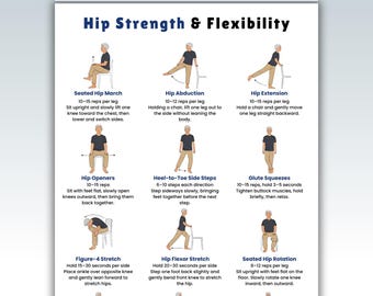 Hips Exercises for Seniors Printable, Hip Strength & Flexibility Workout, Chair and Standing Mobility Routine
