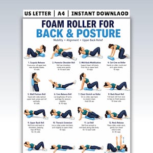 Peut inclure: Une affiche pédagogique intitulée FOAM ROLLER FOR BACK & POSTURE présentant douze exercices illustrés pour la mobilité et l'alignement. Chaque étape montre une personne utilisant un rouleau en mousse bleu clair avec du texte descriptif.