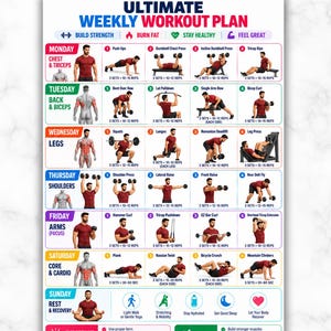Programma di allenamento settimanale stampabile, tabella di routine in palestra, sviluppo muscolare, guida alla perdita di grasso, allenamento di forza, fitness completo a casa, PDF digitale