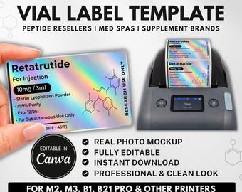 Plantilla editable de etiquetas para péptidos NIIMBOT, pegatinas para viales en Canva, descarga digital de etiquetas térmicas, 40×20 mm y 50×30 mm