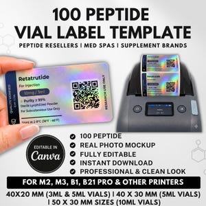 Könnte beinhalten: Eine digitale Vorlage für 100 Peptid-Fläschchenetiketten mit holografischem Finish. Das Etikett zeigt Retatrutide, 10mg/3ml, einen QR-Code und Lagerhinweise. Das Set enthält einen Etikettendrucker und Angaben für 40x20mm, 40x30mm und 50x30mm Größen.