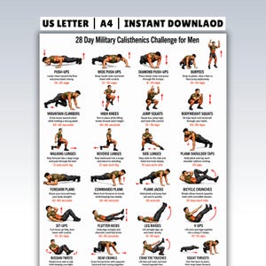 Reto de calistenia militar de 28 días para hombres, plan de entrenamiento con peso corporal, póster de entrenamiento tipo bootcamp en PDF.