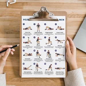 May include: A clipboard with a printed exercise guide for men, featuring illustrations of various exercises like pelvic tilts, squats, and lunges. The guide is held by a person, with a pencil and a laptop visible in the background.
