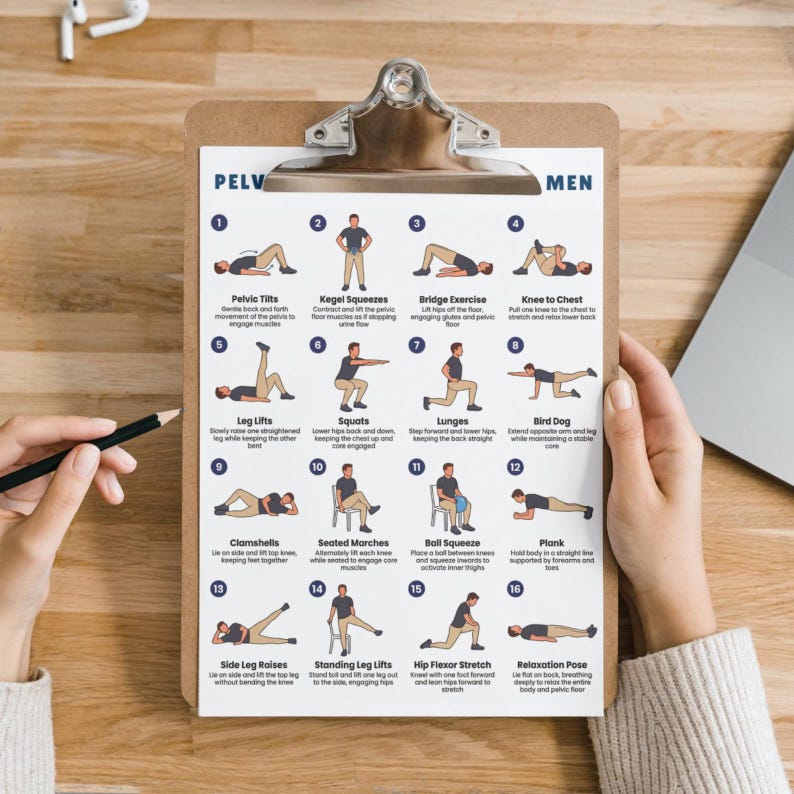 May include: A clipboard with a printed exercise guide for men, featuring illustrations of various exercises like pelvic tilts, squats, and lunges. The guide is held by a person, with a pencil and a laptop visible in the background.