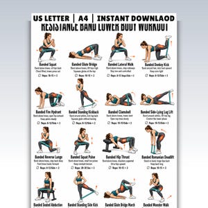 May include: A white instructional poster titled Resistance Band Lower Body Workout featuring sixteen illustrations of a person performing exercises with resistance bands. Each exercise includes a title, instructions, and repetition counts.