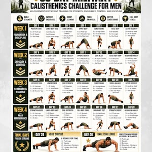 May include: A 30-day military calisthenics challenge chart featuring a structured workout schedule for four weeks, including daily exercise routines, illustrations of movements, and a final hero circuit for day 29 and 30, formatted for A4 or US letter size.