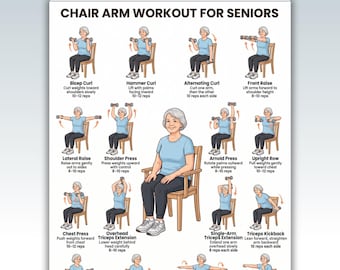 Puede incluir: Un póster digital titulado CHAIR ARM WORKOUT FOR SENIORS con ilustraciones de una persona con camiseta azul claro y pantalones oscuros realizando varios ejercicios de brazos con mancuernas en una silla de madera, incluyendo instrucciones de texto.