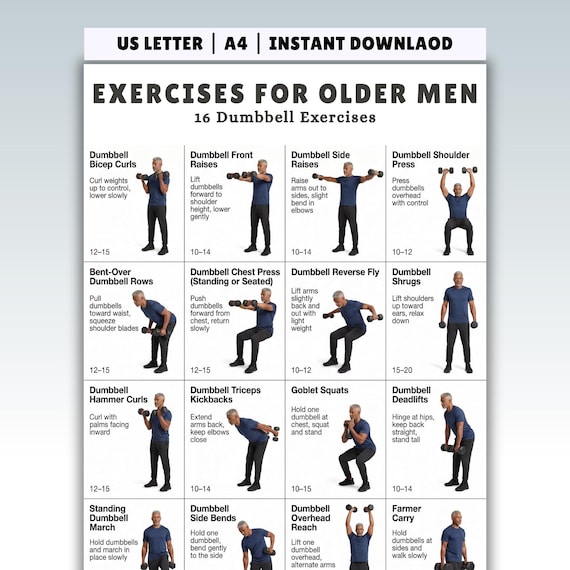 Exercises for Older Men Printable – 16 Dumbbell Exercises, Standing Strength Routine, Home Workout Chart PDF