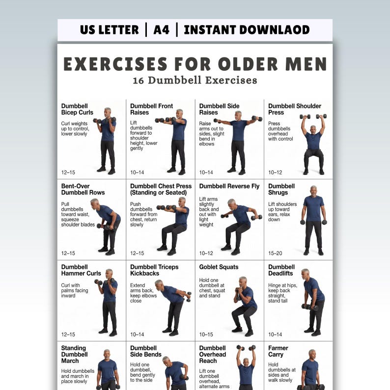 May include: A printable workout guide titled "EXERCISES FOR OLDER MEN" with 16 dumbbell exercises. Each exercise is illustrated with a stick figure demonstrating the movement, along with sets and reps. The guide is designed for home use.