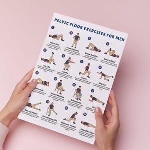 May include: A white paper titled "PELVIC FLOOR EXERCISES FOR MEN" is held against a pink background. The paper features illustrated exercise diagrams with instructions. The exercises include pelvic tilts, squats, and lunges, among others.
