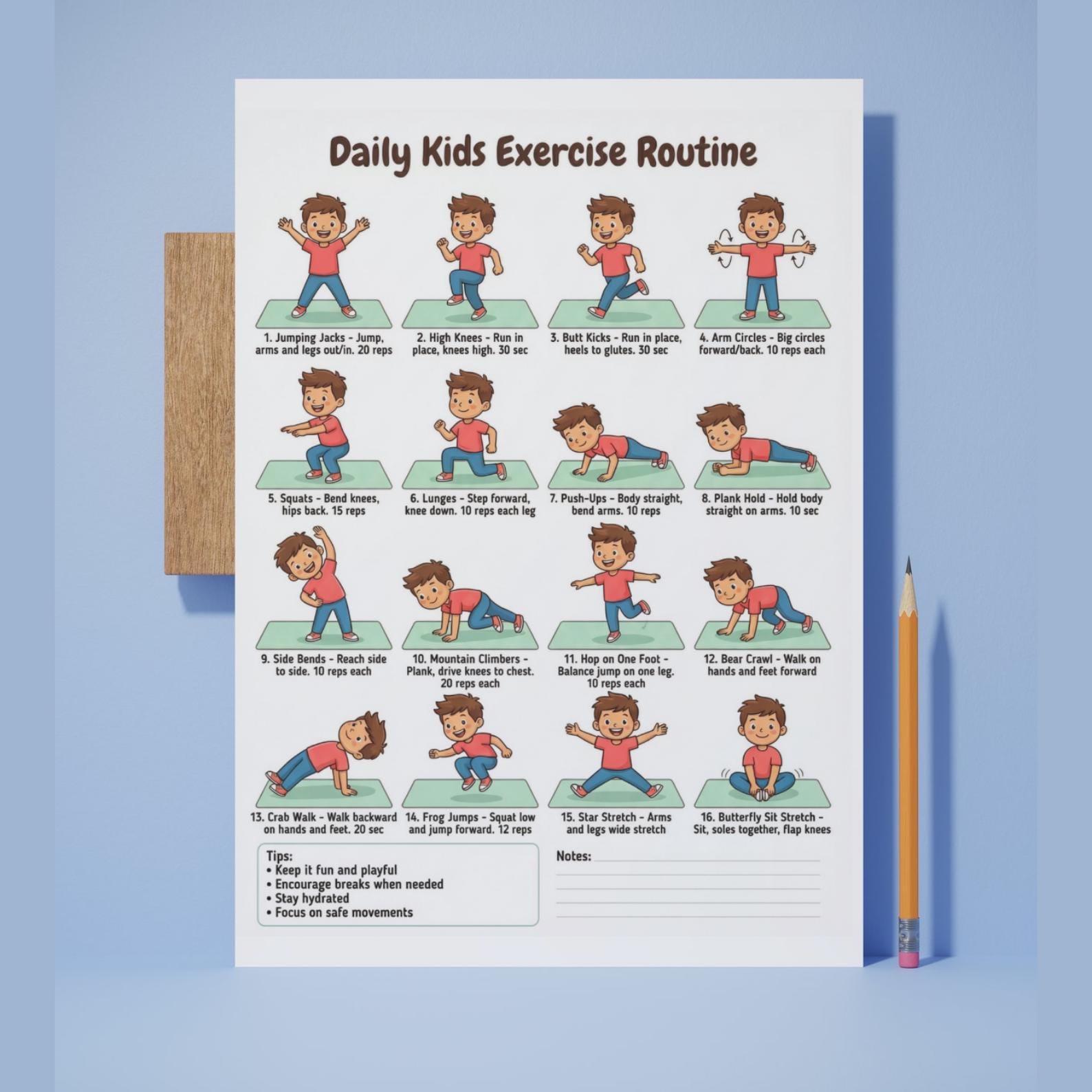 Kids Exercise Chart Printable – 16 Daily Workout Moves Poster | Kids ...