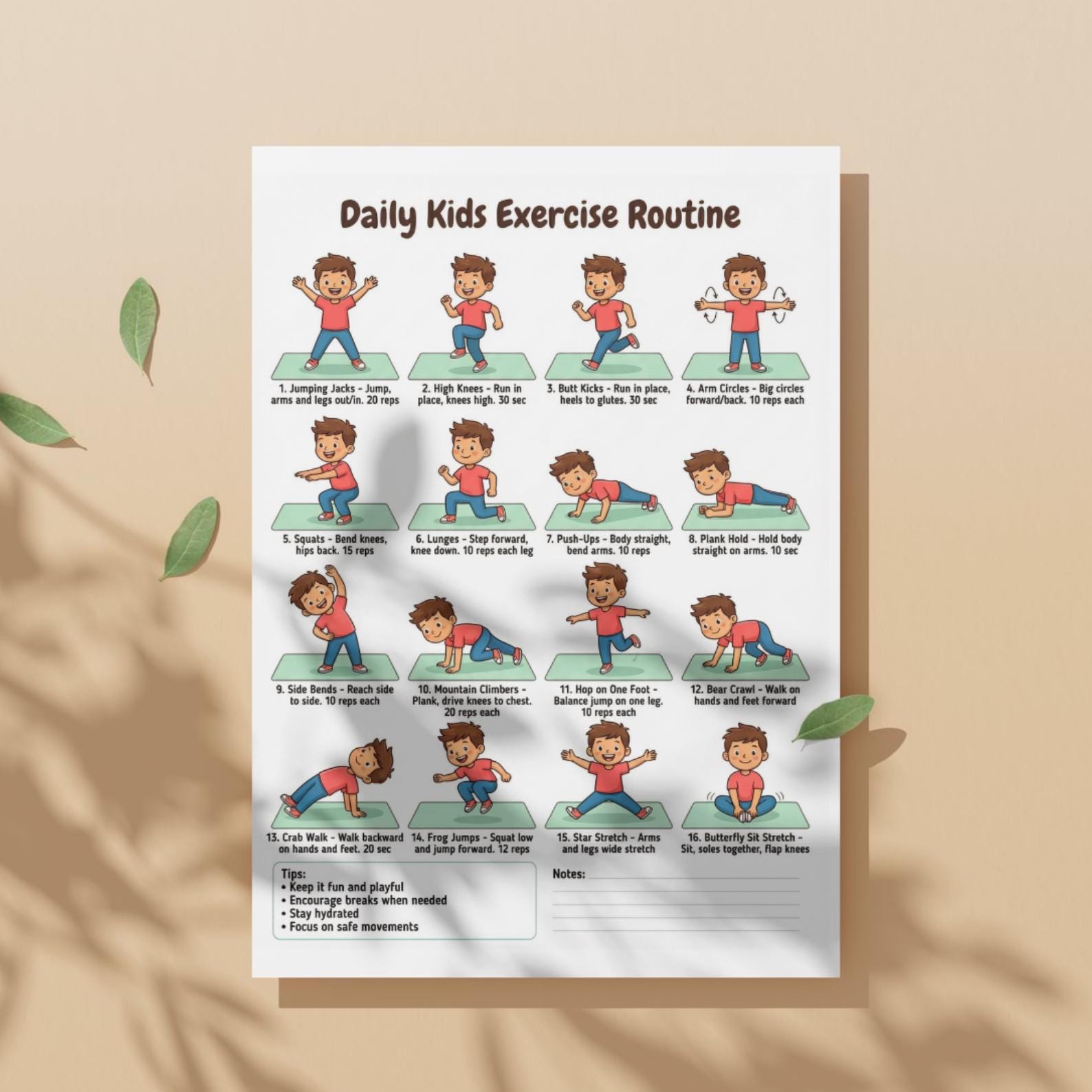 Kids Exercise Chart Printable – 16 Daily Workout Moves Poster | Kids ...