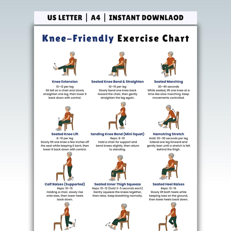 Knee Exercises for Seniors Printable, Gentle Knee Strength & Mobility ...