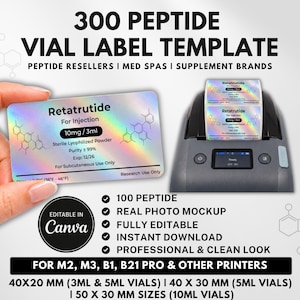 Könnte beinhalten: Eine digitale Vorlage für 300 Peptid-Fläschchenetiketten mit holografischem Finish. Das Design enthält chemische Strukturen, Text für Retatrutide, 10mg/3ml und Lagerungshinweise. Kompatibel mit Thermodruckern und in Canva bearbeitbar.