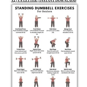 May include: A printable exercise chart titled "Standing Dumbbell Exercises for Seniors." The chart features illustrations of various exercises, including overhead press, front raise, side raise, bicep curl, tricep press, squat press, hip hinge, and bent row.