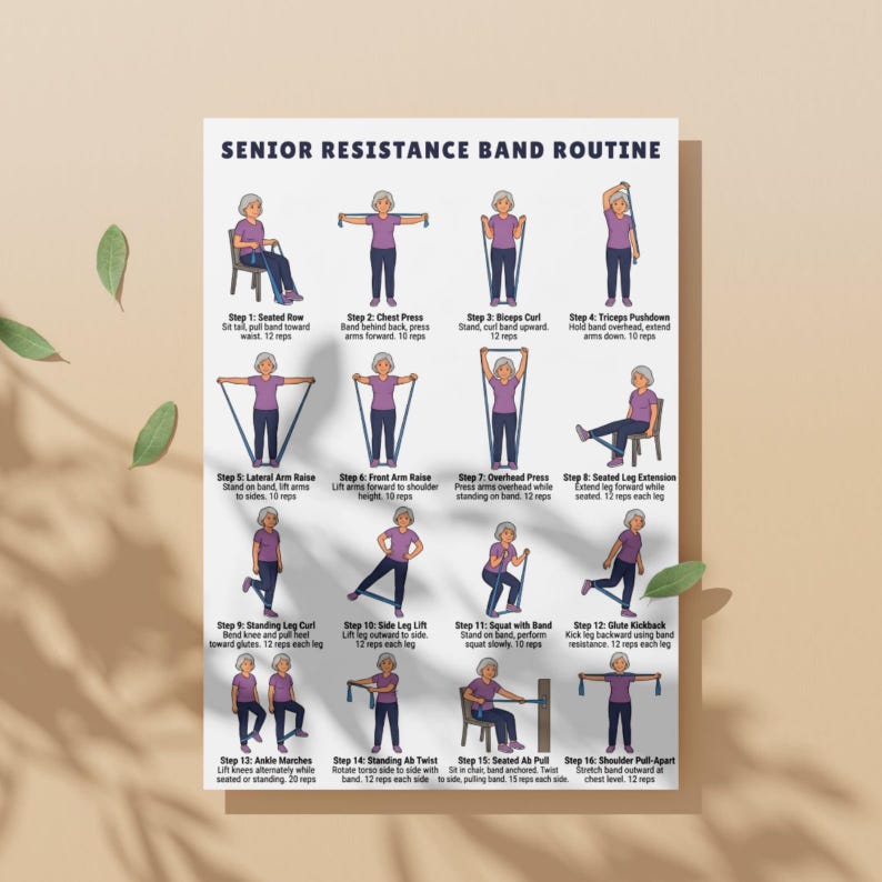 Tabla de ejercicios con bandas de resistencia para personas mayores, rutina de ejercicios para personas mayores imprimible, ejercicios con bandas de resistencia para personas mayores, póster de fitness, PDF imagen 4